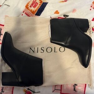 Nisolo Black Leather Ankle Booties with Block Heel